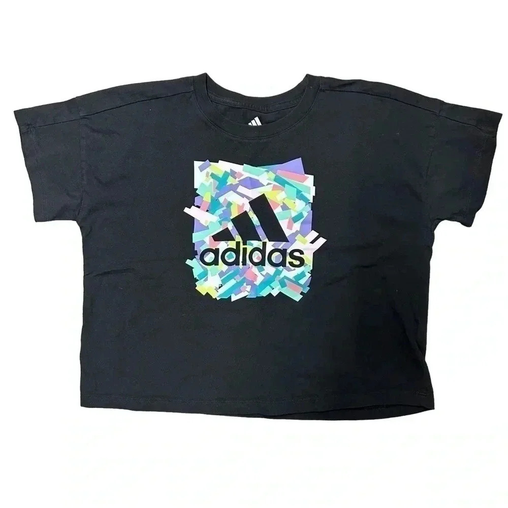 Adidas Cropped Logo Tee Girls Medium‎ 10/12 EUC Black w/ multicolor logo
